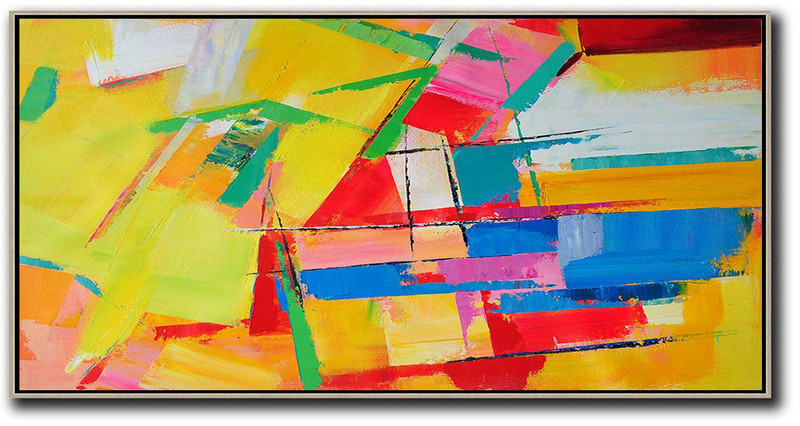 Original Artwork Extra Large Abstract Painting,Horizontal Palette Knife Contemporary Art Panoramic Canvas Painting,Living Room Canvas Art,Yellow,Red,White,Blue.Etc